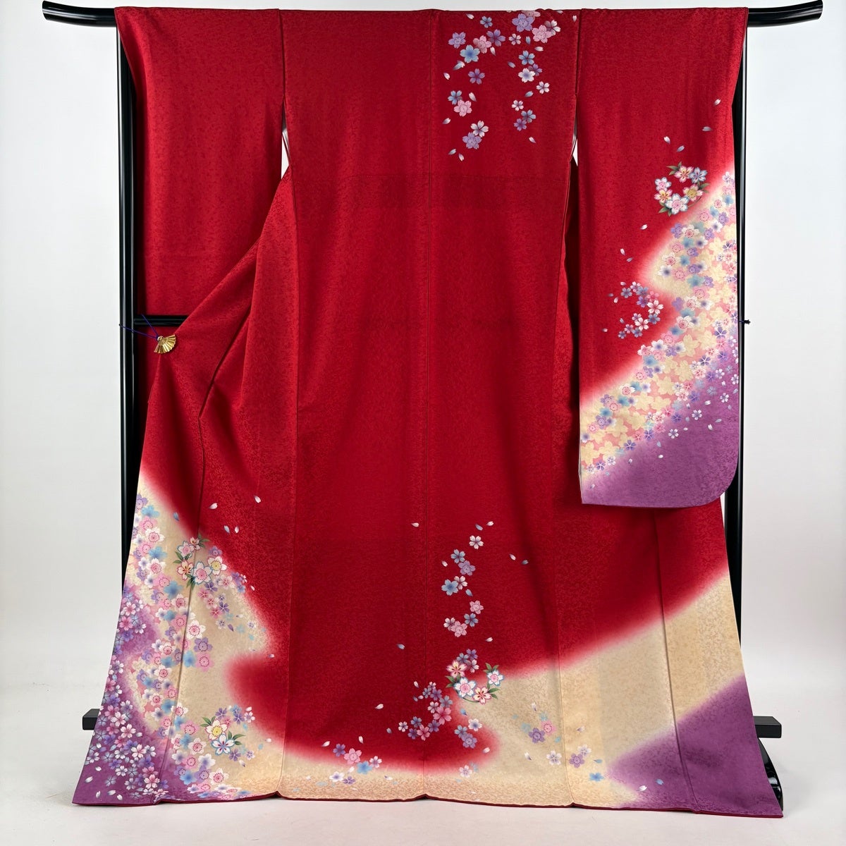 【振袖フルセット】身丈163.5cm 裄丈69cm 桜 手鞠 金彩 ぼかし 赤 振袖 身丈165.5cm 裄丈67cm M 袷 手鞠 桜 金彩 ぼかし えんじ色 正絹