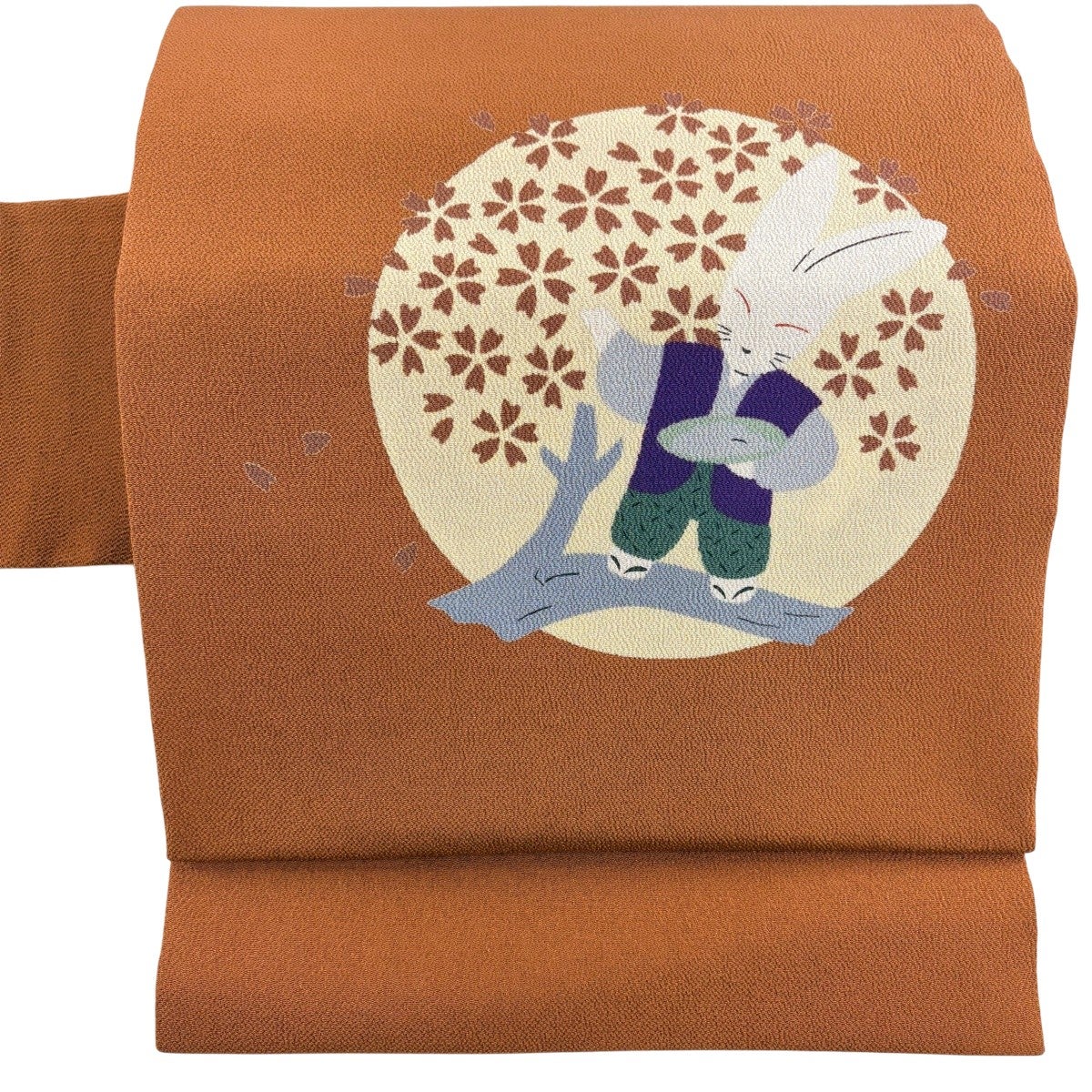 美品】 名古屋帯 逸品 花咲か爺 うさぎ 縮緬 茶色 正絹｜中古・古着