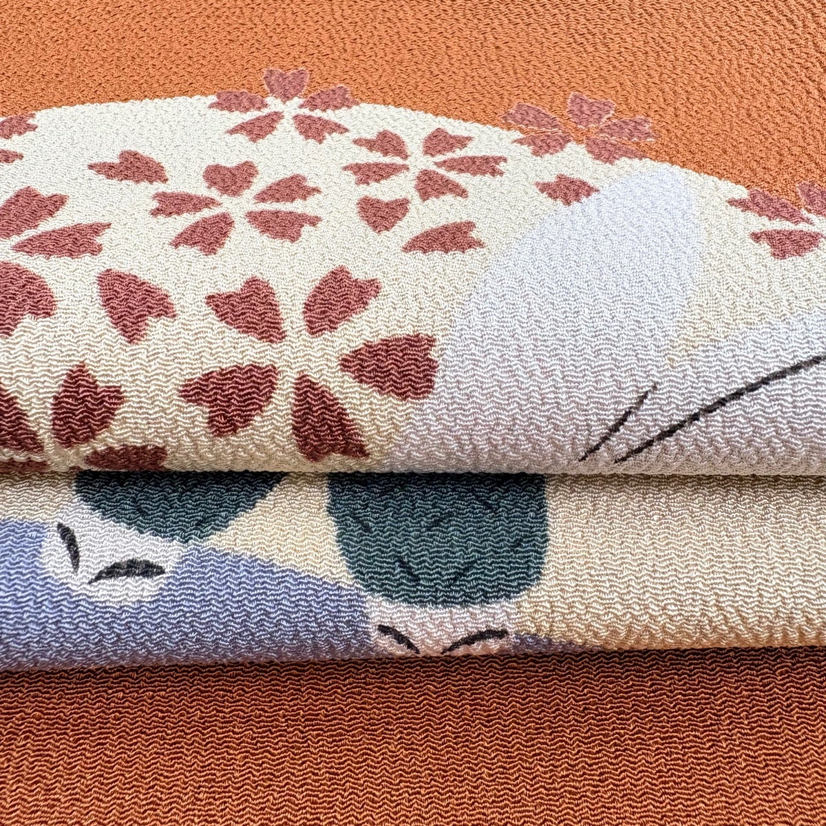 美品】 名古屋帯 逸品 花咲か爺 うさぎ 縮緬 茶色 正絹｜中古・古着