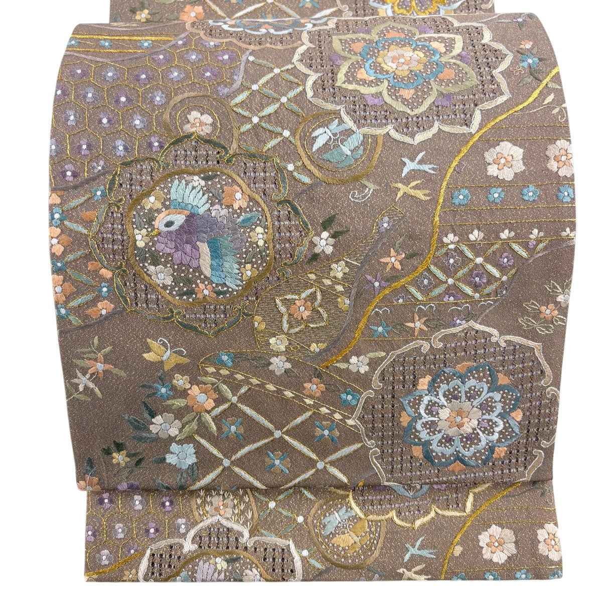 美品】 袋帯 逸品 華文 花鳥 刺繍 金糸 灰茶 六通 正絹｜中古・古着