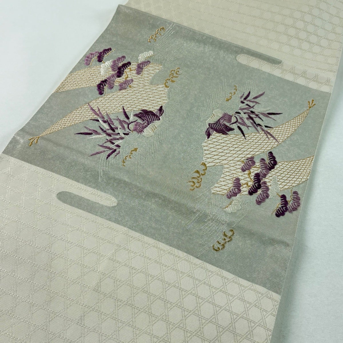 50%OFF 【美品】 袋帯 逸品 帝王紫 落款あり 鴛鴦 松 金銀糸 箔