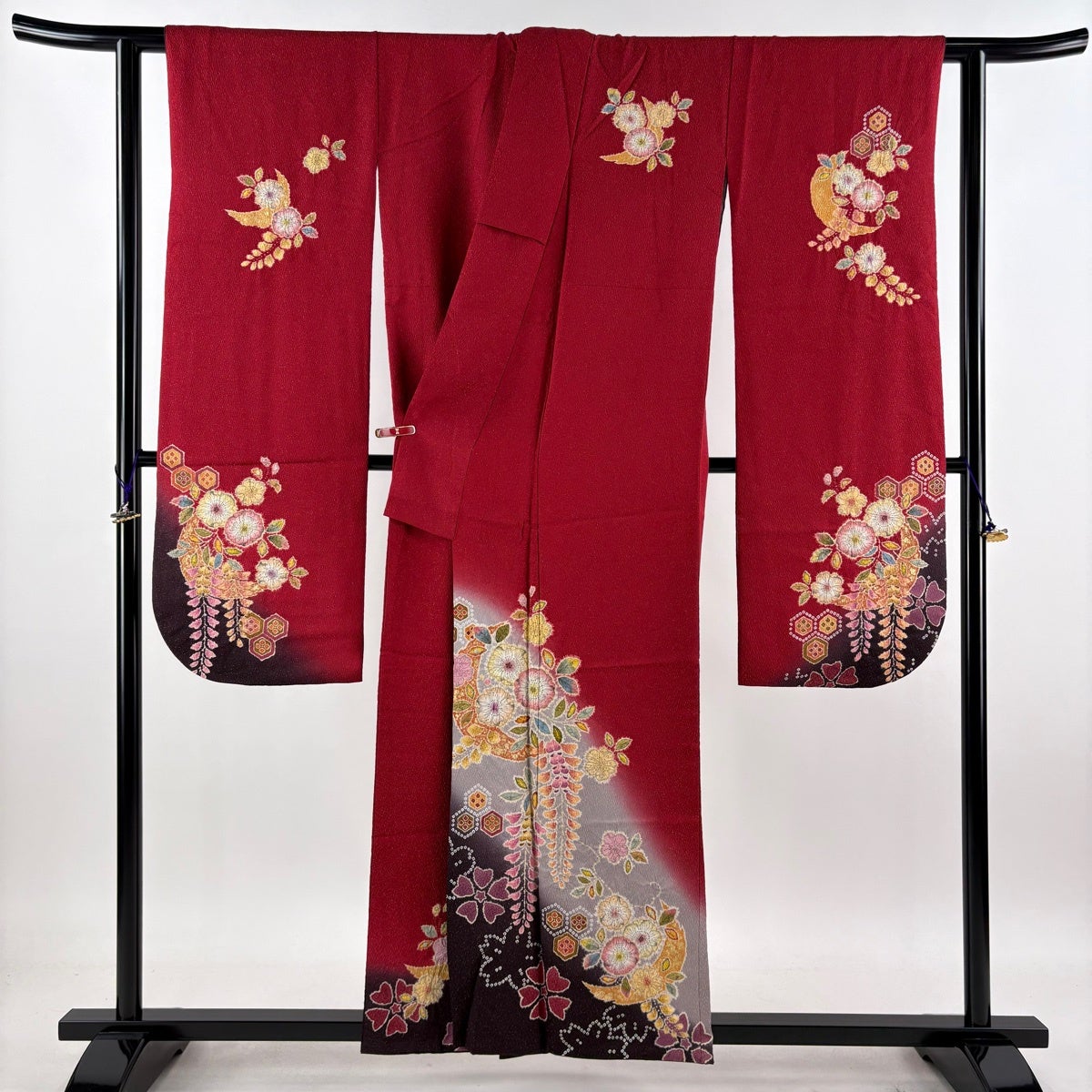 正絹 赤 藤 振袖 身丈157 美品】 振袖 身丈157.5cm 裄丈62cm S 袷 徳永憲峯 落款あり 辻が花 銀