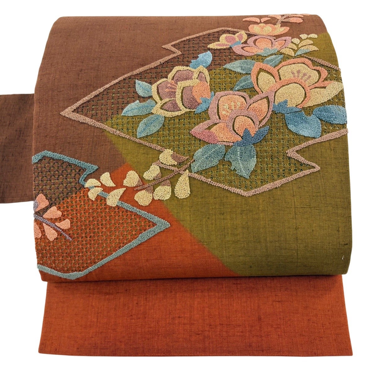 50%OFF 【美品】 名古屋帯 秀品 関西仕立て 紬地 草花 松皮菱 刺繍 赤