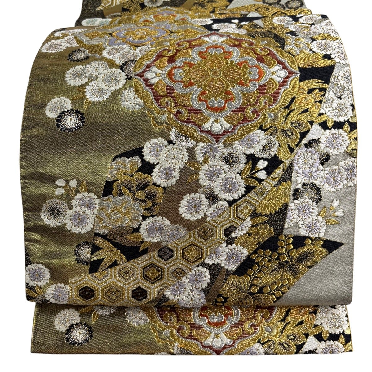 袋帯 秀品 うさぎ 桜 金糸 箔 焦茶色 六通 正絹｜中古・古着