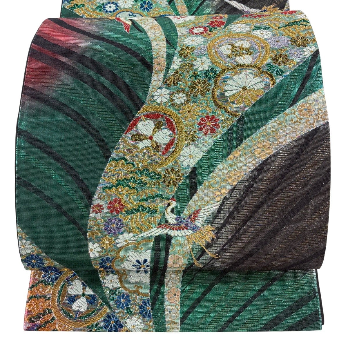 美品】 袋帯 秀品 振袖向き 鶴 花唐草 金糸 箔 緑 全通 正絹｜中古