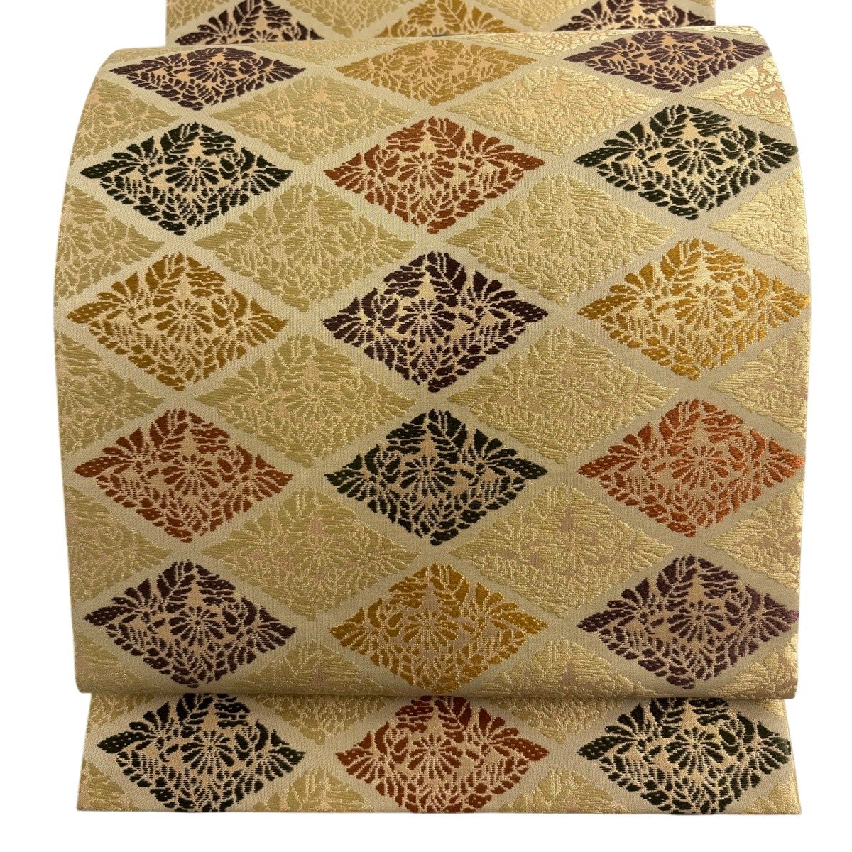 美品】 袋帯 秀品 花づくし 草花 菱 箔 唐織 灰緑 六通 正絹｜中古
