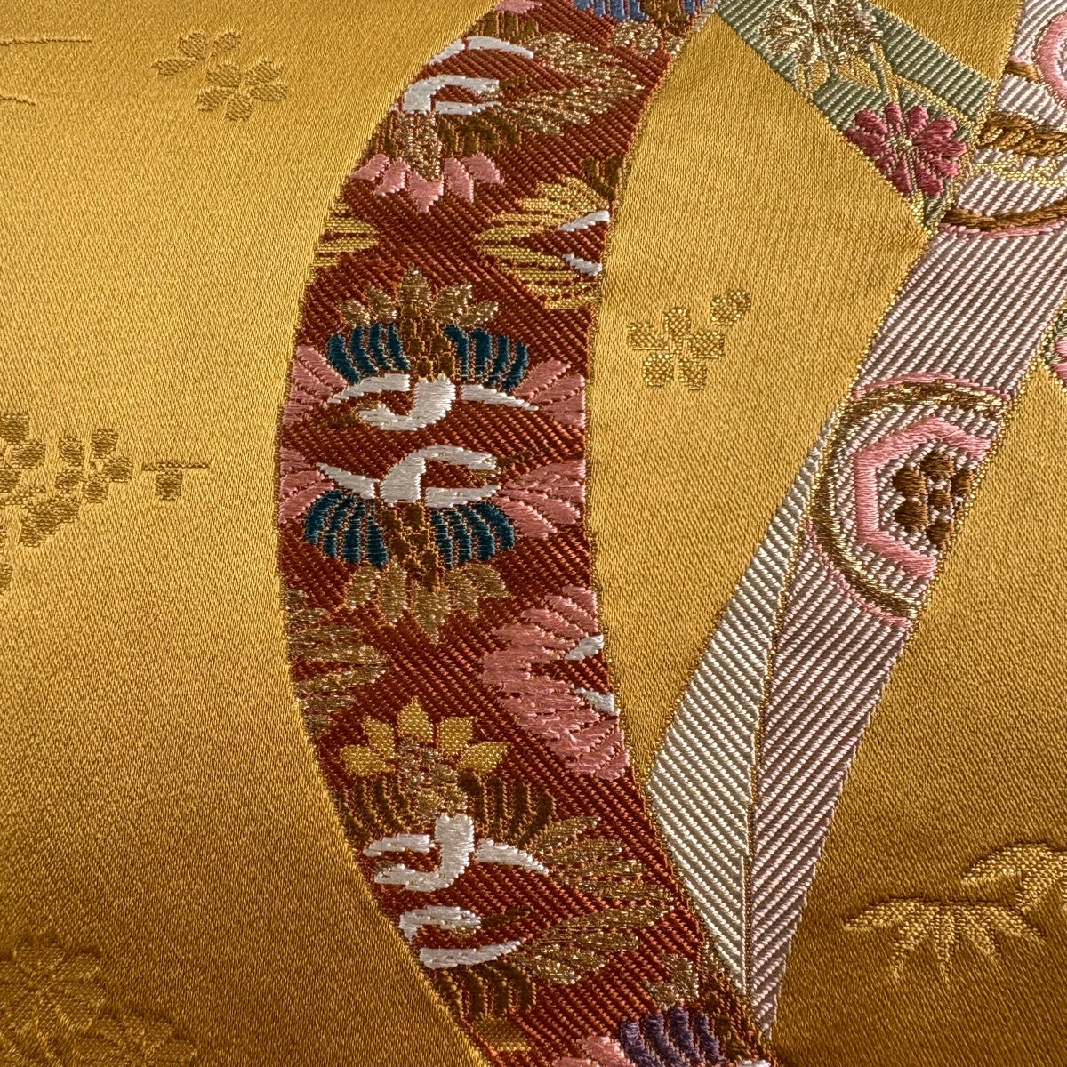 袋帯 秀品 熨斗 花鳥 金糸 箔 黄土色 六通 正絹｜中古・古着