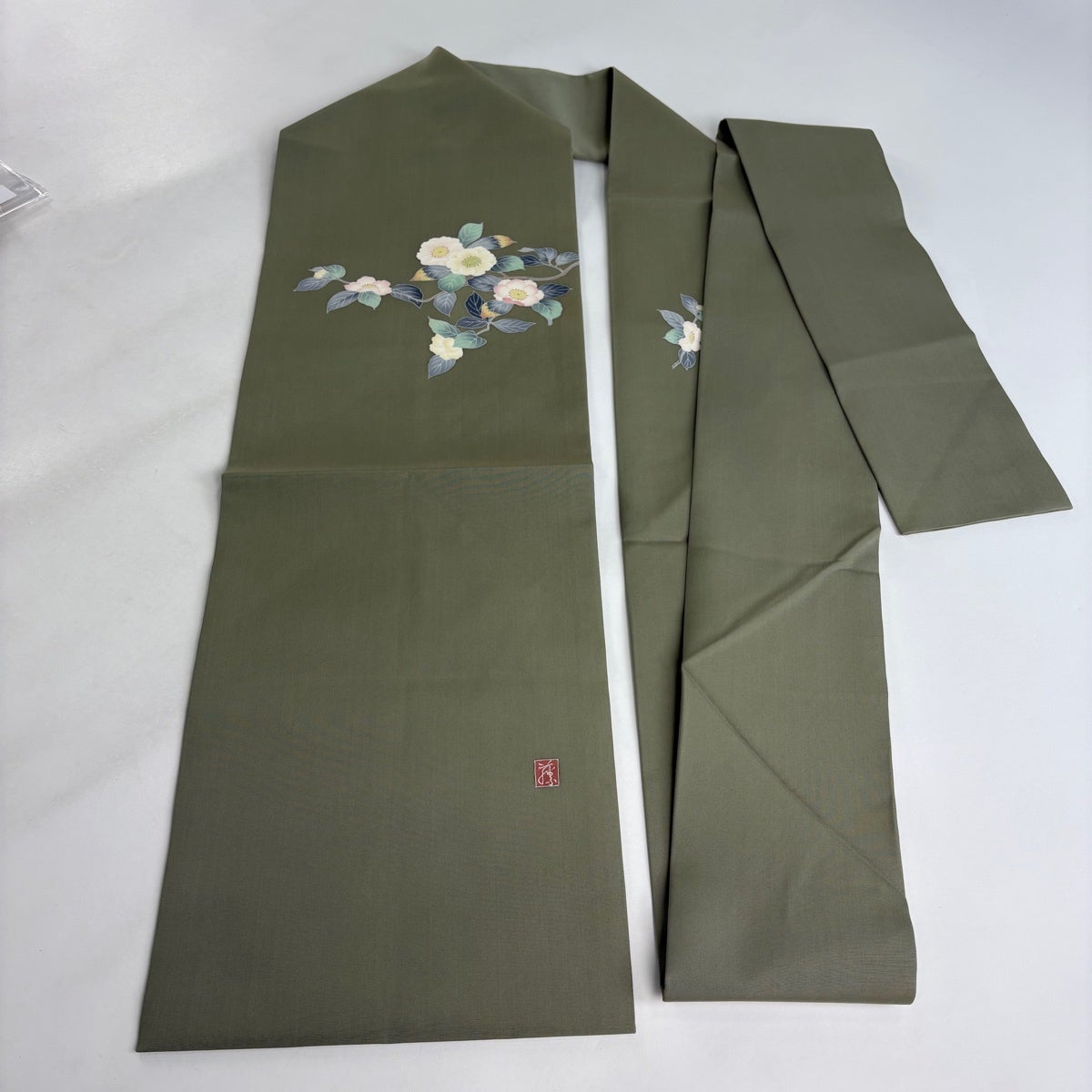 名古屋帯 秀品 落款あり 枝桜 ぼかし 灰緑 正絹｜中古・古着