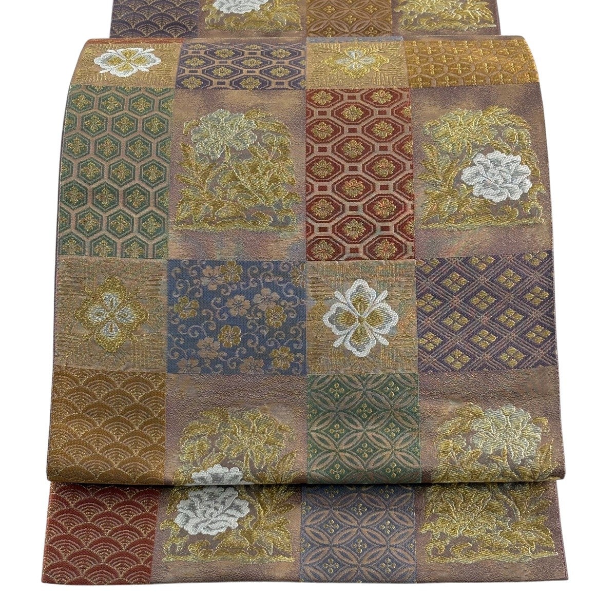 美品】 袋帯 秀品 花絵丸紋 有職文様 箔 金糸 ベージュ 六通 正絹