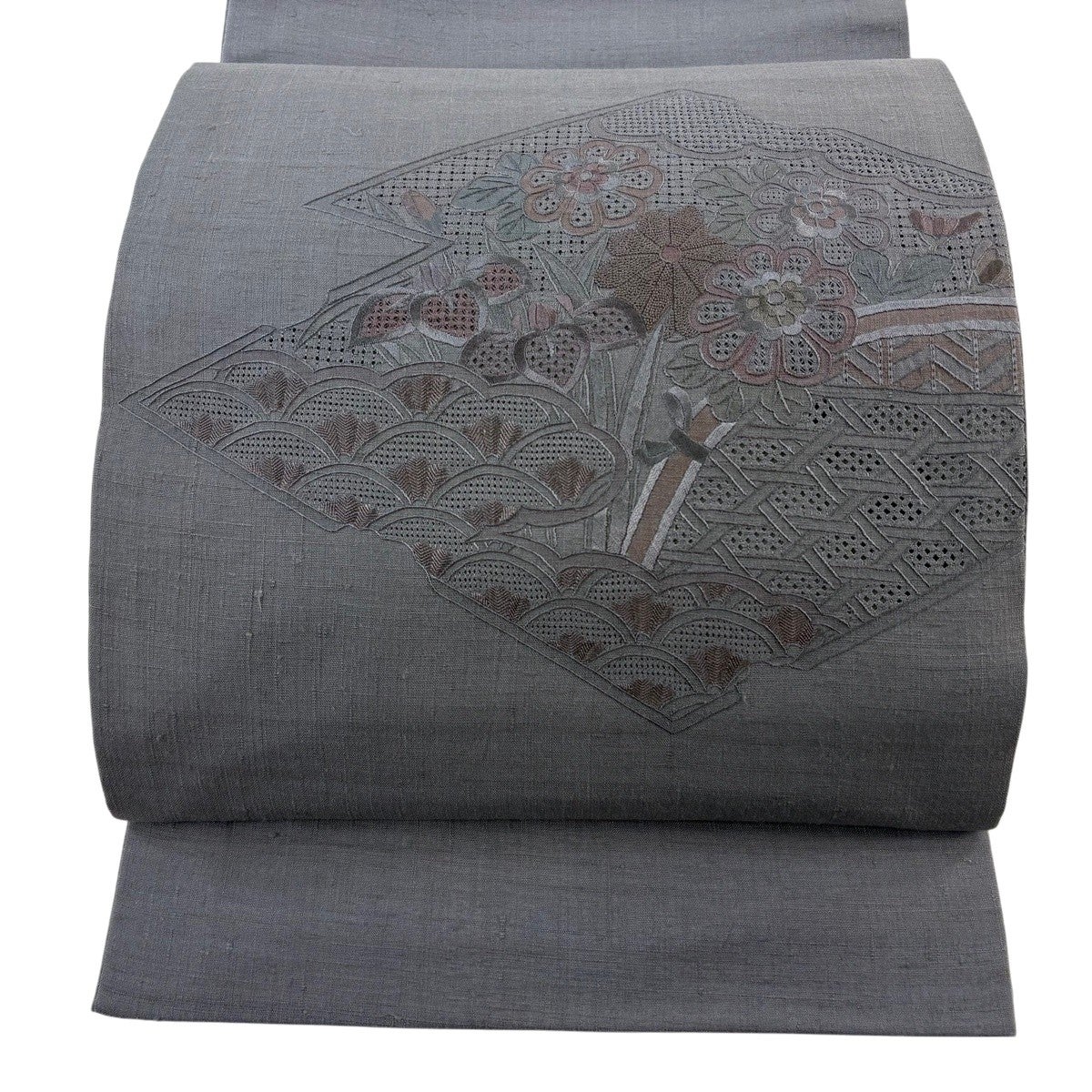 袋帯 有職文様 刺し子刺繍 ヱ霞 金糸 紺色 袋帯 名品 紬地 有職文様 霞