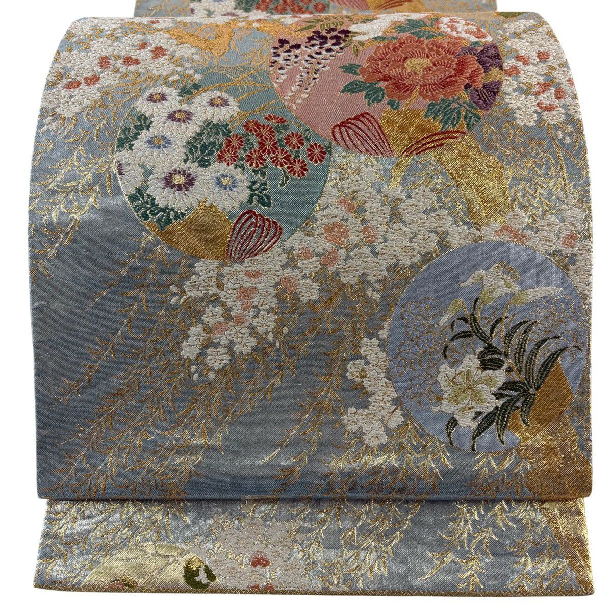 美品】 袋帯 秀品 関西仕立て 日本の美 笠松 草花 金糸 箔 灰緑 六通