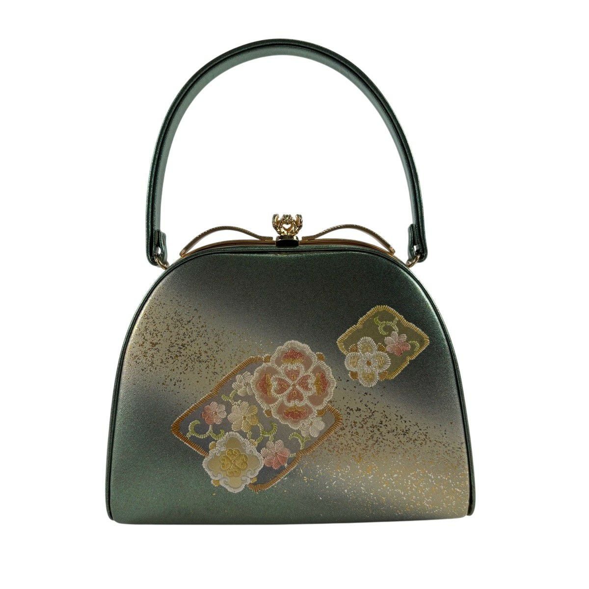 未使用品　OKAJIMA 和装バッグ 逸品 孔雀 草花 金彩 縮緬 正絹 和装バッグ 逸品 OKAJIMA セミフォーマル 象 草花 金彩 縮緬 灰色 正絹