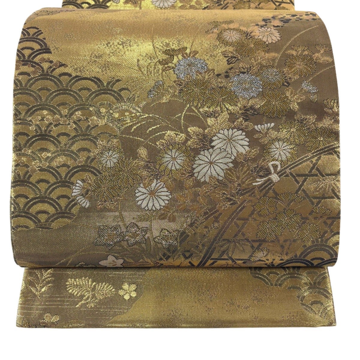 美品】 袋帯 秀品 秋草 花唐草 金銀糸 箔 灰色 六通 正絹｜中古・古着