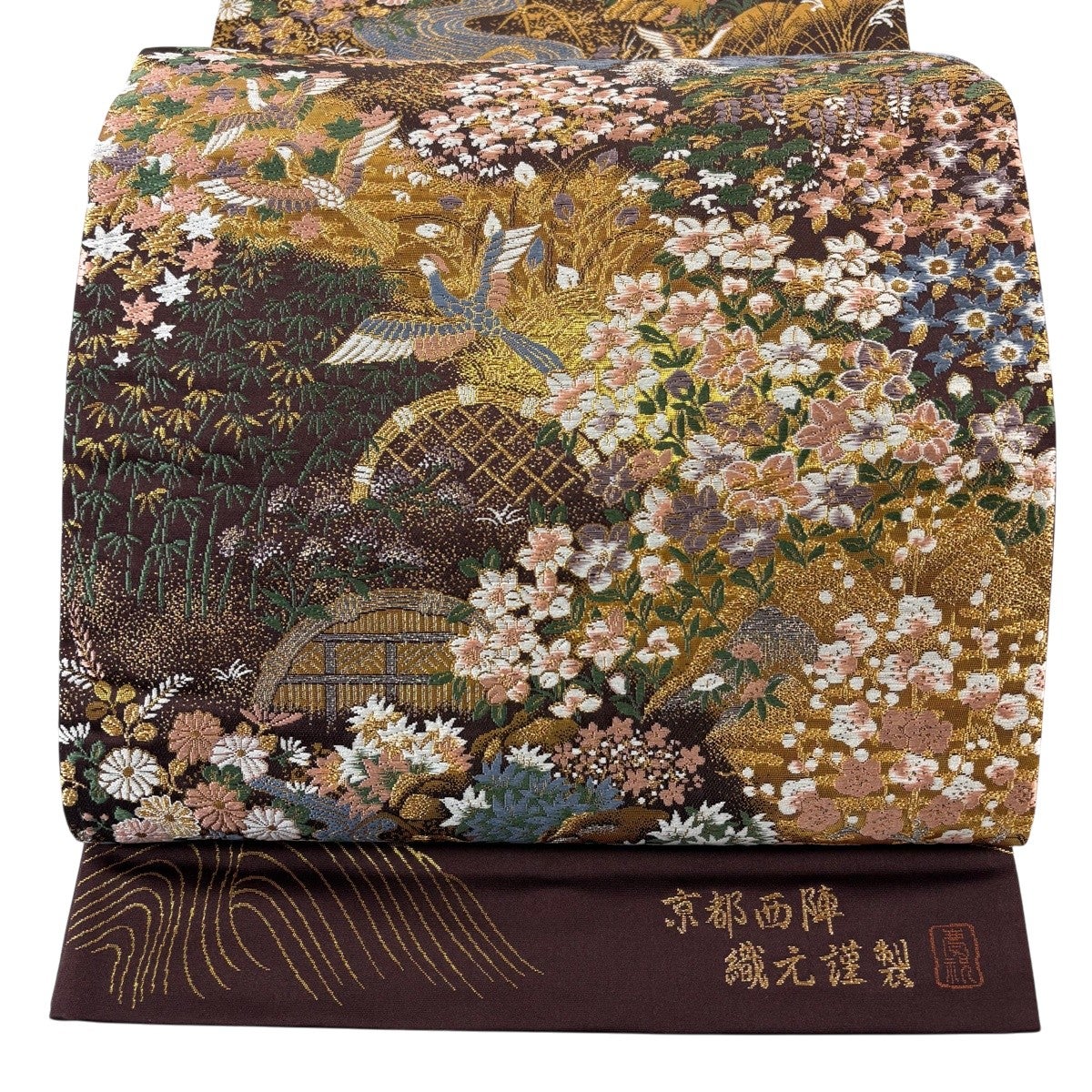 袋帯 逸品 華文 花鳥 絽刺し 金糸 小豆色 全通 正絹｜中古・古着