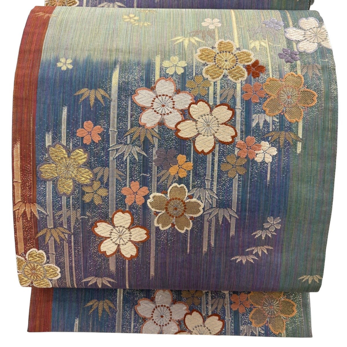 O‐344 西陣袋帯 六通 唐織 竹屋町刺繍 花唐草 深緑 金糸 美品 美品】 袋帯 秀品 正倉院華紋 花唐草 箔 金糸 深緑 六通 正絹｜中古