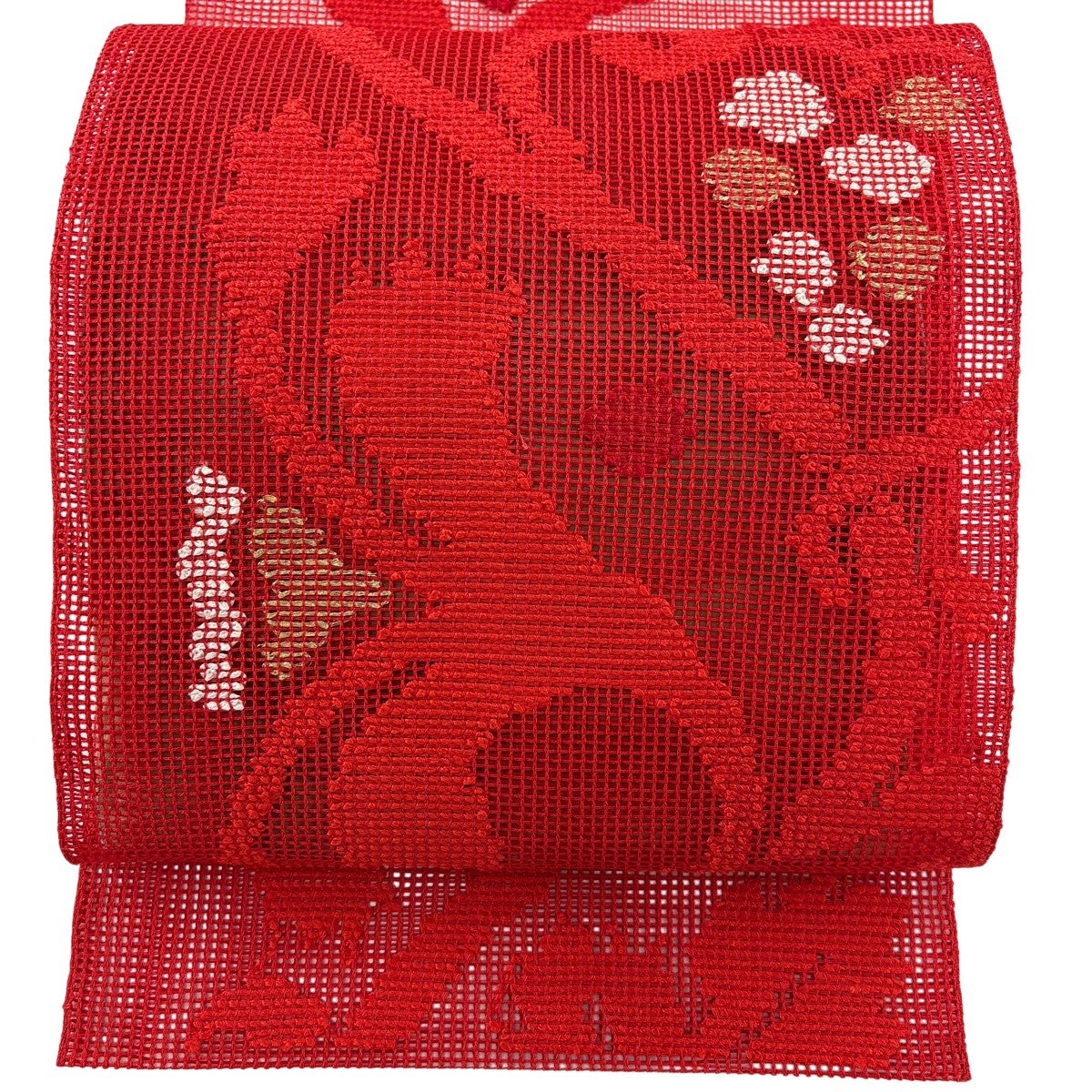 美品】 名古屋帯 秀品 八寸名古屋帯 松葉仕立て 夏帯 羅織 草花 金糸