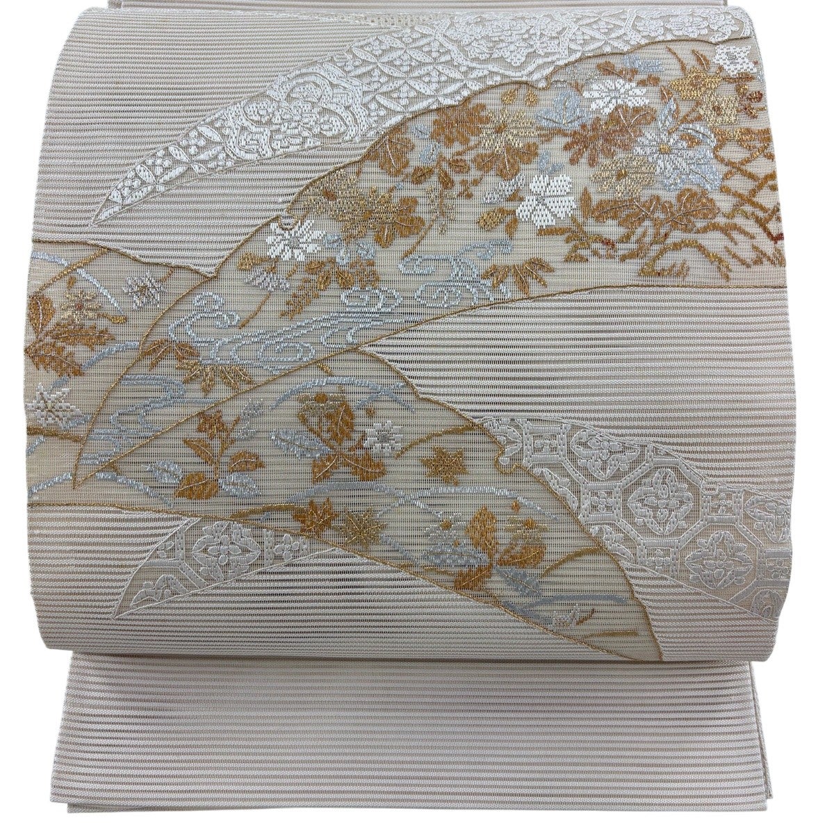 袋帯 秀品 夏帯 絽 草花 雪芝 箔 金銀糸 クリーム お太鼓柄 正絹｜中古