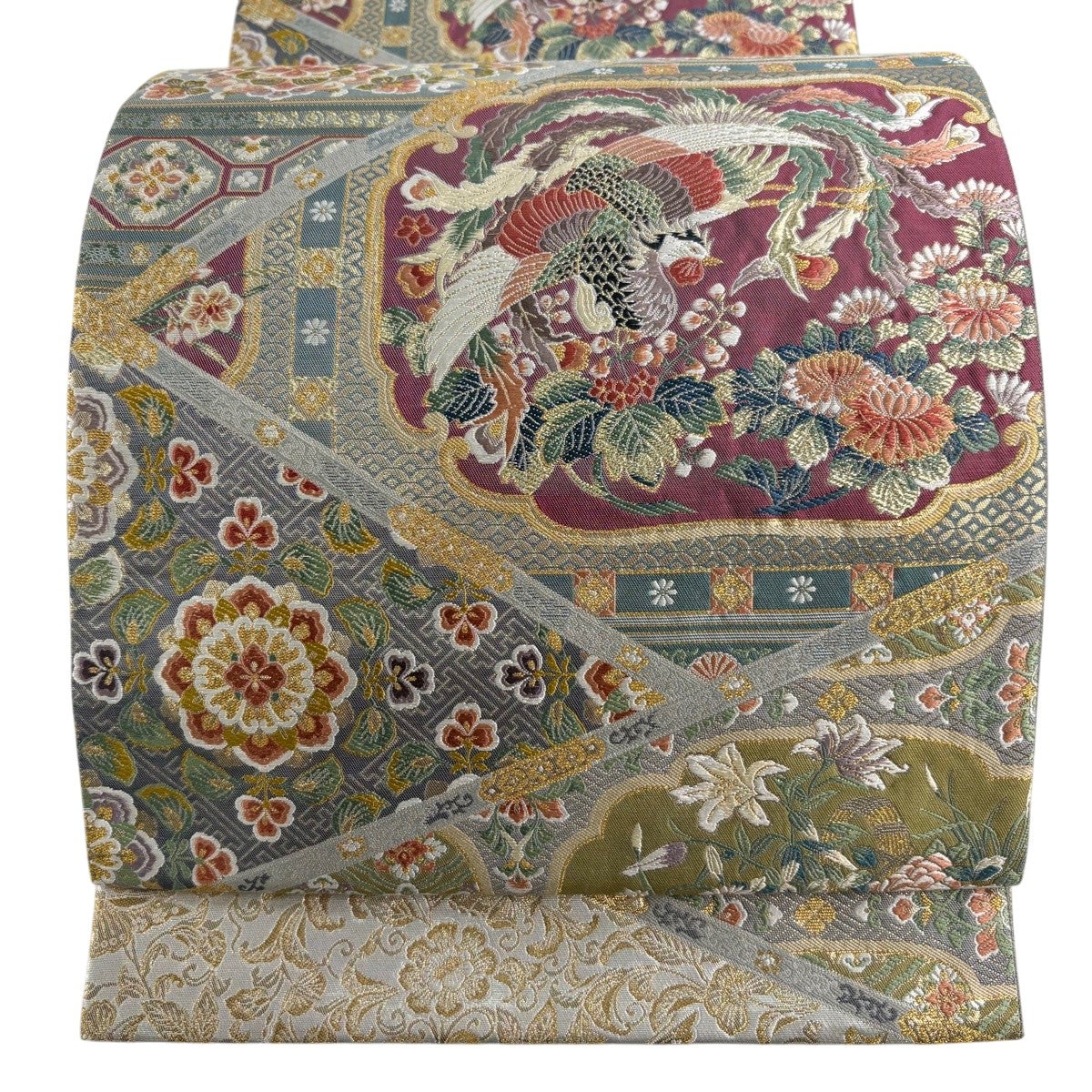 袋帯 秀品 関西仕立て 鳳凰 草花 金糸 唐織 灰色 六通 正絹｜中古