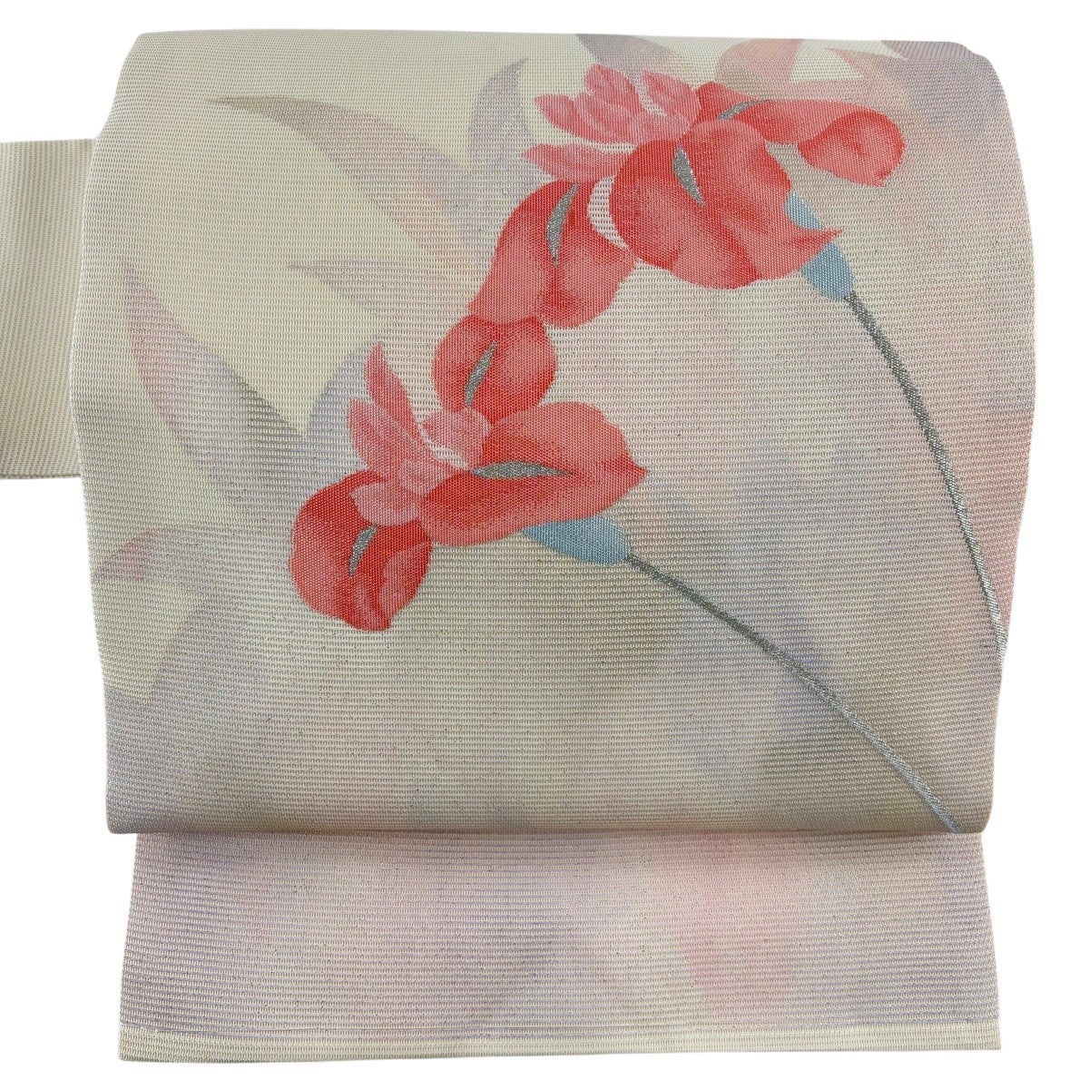名古屋帯 優品 夏帯 紗 草花 銀糸 箔 ベージュ 正絹｜中古・古着