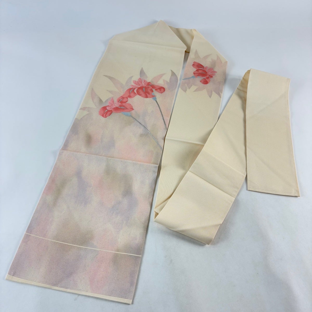 名古屋帯 優品 夏帯 紗 草花 銀糸 箔 ベージュ 正絹｜中古・古着