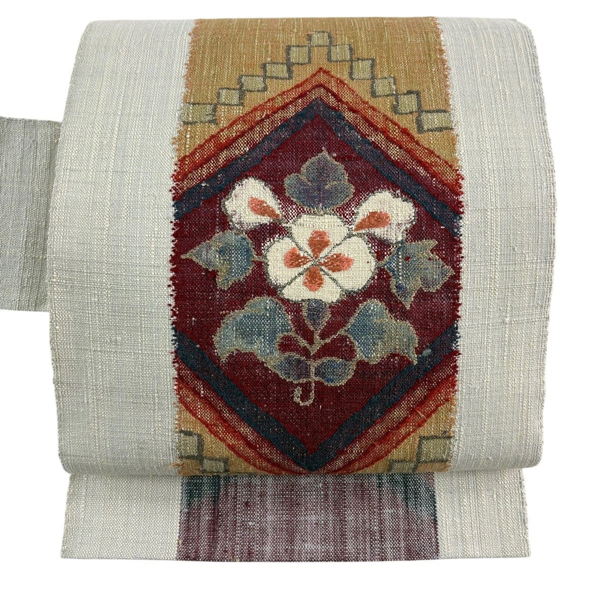 名古屋帯 優品 草花 金糸 刺繍 灰白 正絹｜中古・古着・リサイクル着物