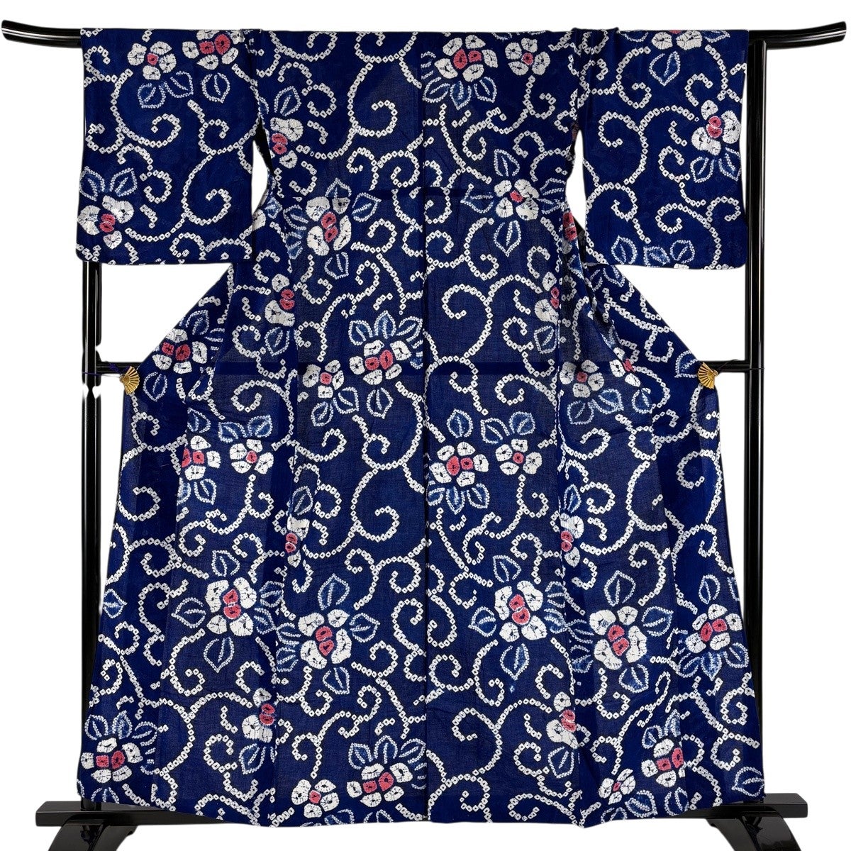 美品】 浴衣 身丈153cm 裄丈61cm S 絞り浴衣 亀甲 花 青 綿 名品｜中古
