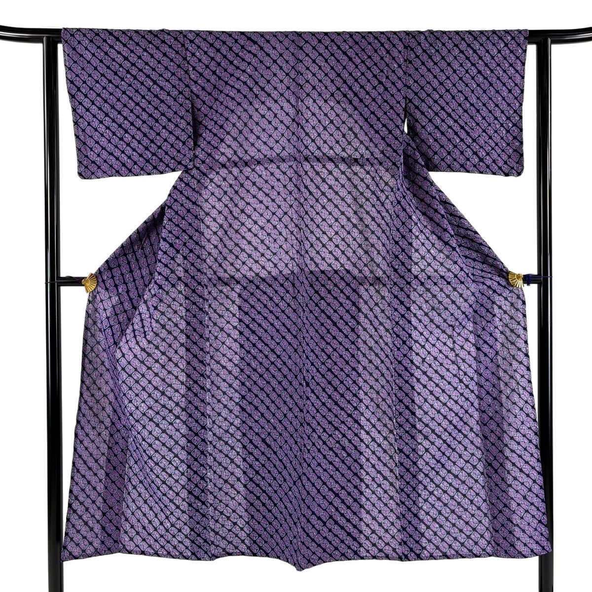 浴衣 身丈144cm 裄丈62cm S 絞り浴衣 幾何学模様 紫 綿 名品｜中古