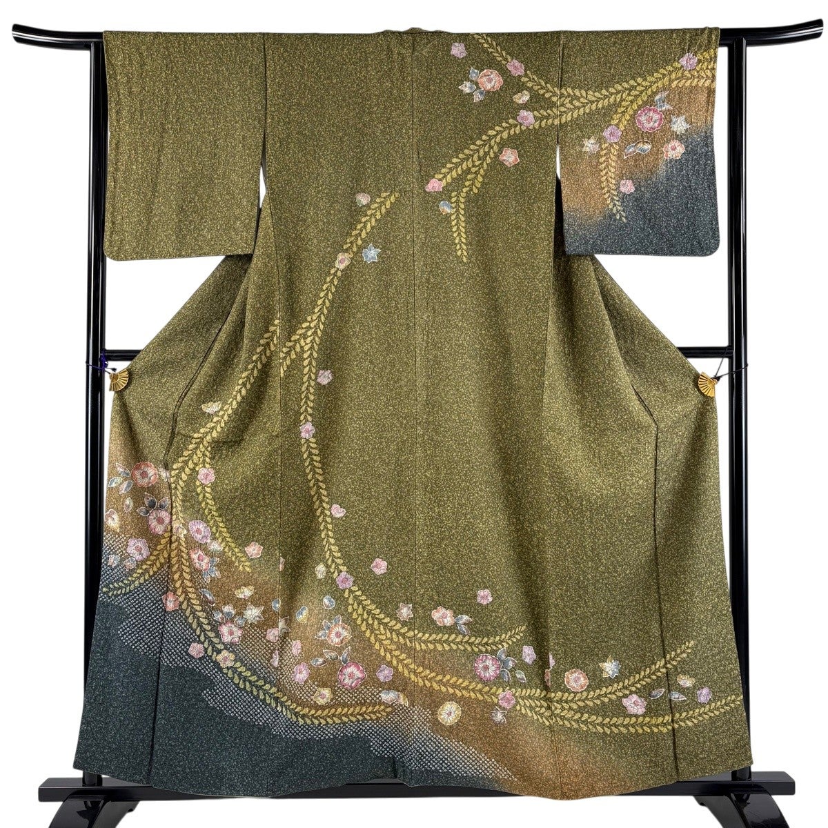 【逸品！！トールサイズ辻が花風】しつけ糸付き！茶緑色に金彩など♡ 美品】 訪問着 身丈169cm 裄丈66.5cm M 袷 落款あり 辻が花柄 流水