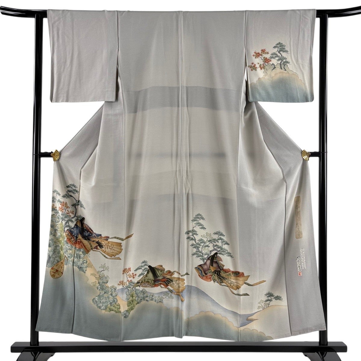 平和屋着物●友禅師・京の名工・伝統工芸士・樽本伊勢蔵　訪問着　源氏物語　金銀彩　丹後ちりめん　反端付き　正絹　逸品　AABG4619fy 平和屋着物▽友禅師・京の名工・伝統工芸士・樽本伊勢蔵 訪問着 手描き