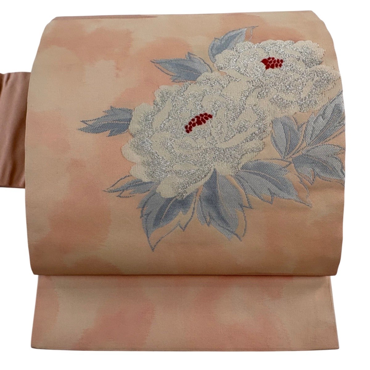 50%OFF 【美品】 名古屋帯 優品 牡丹 銀糸 サーモンピンク 正絹 K50