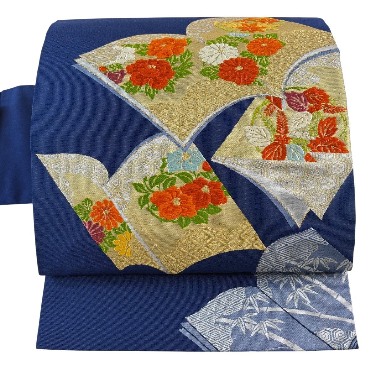 美品】 名古屋帯 優品 冊子 花丸文 金糸 刺繍 青 正絹｜中古・古着