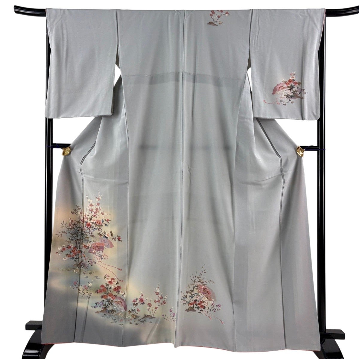 和装セット 優品 正絹 【中古】 付下げ 身丈164.5cm 裄丈67cm M 袷 扇 枝花 金彩 ぼかし 青灰色 正絹