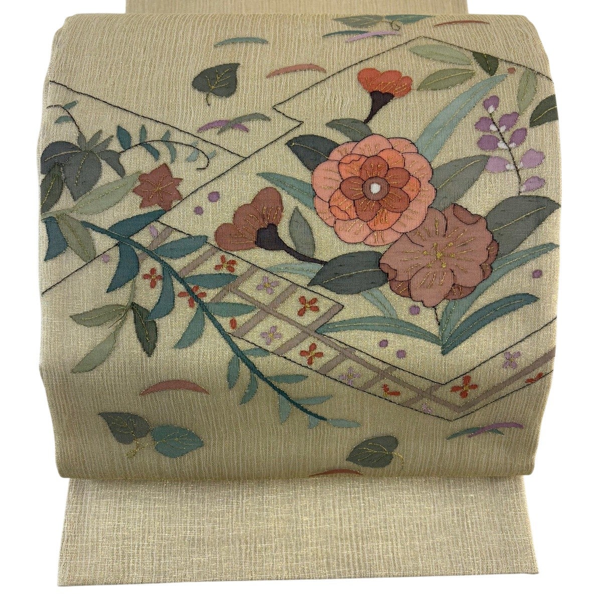 袋帯 秀品 草花 松皮菱 金銀糸 ベージュ お太鼓柄 正絹｜中古・古着