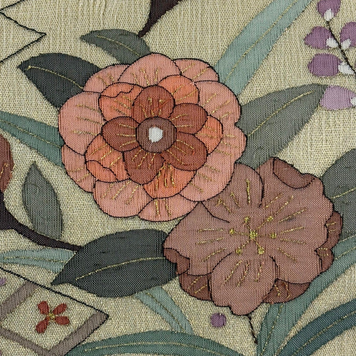 袋帯 逸品 夏帯 草花 松皮菱 金糸 ベージュ お太鼓柄 正絹｜中古・古着