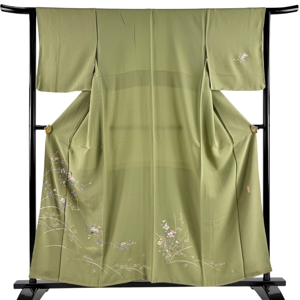 D644 訪問着　螺鈿細工　花　流水　金彩　正絹　着物　袷　極美品 美品】 付下げ 身丈154cm 裄丈63cm S 袷 枝花 流水 螺鈿 金彩 鶯色