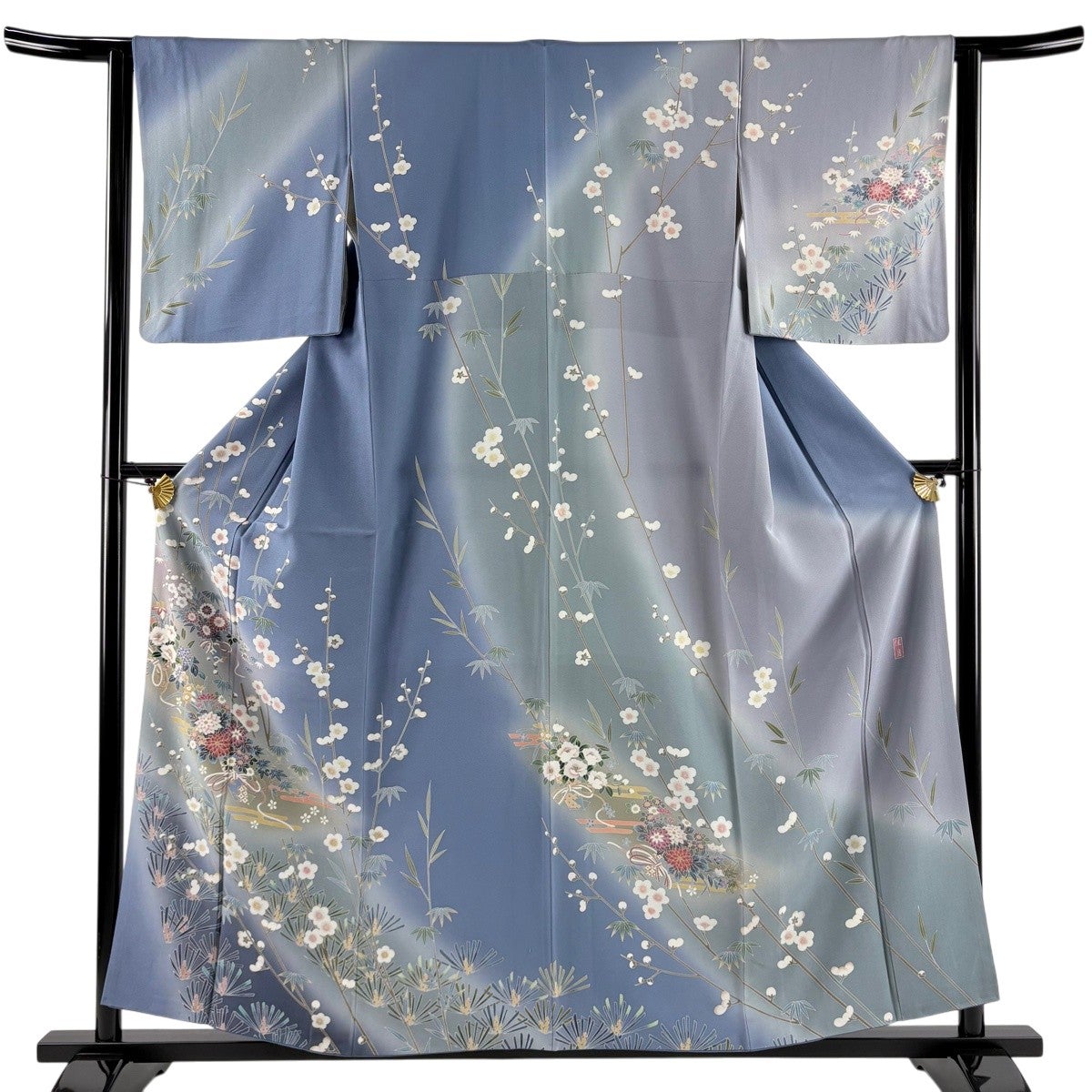 訪問着 身丈158.5cm 裄丈63cm S 袷 落款あり 枝花 流水 染め分け