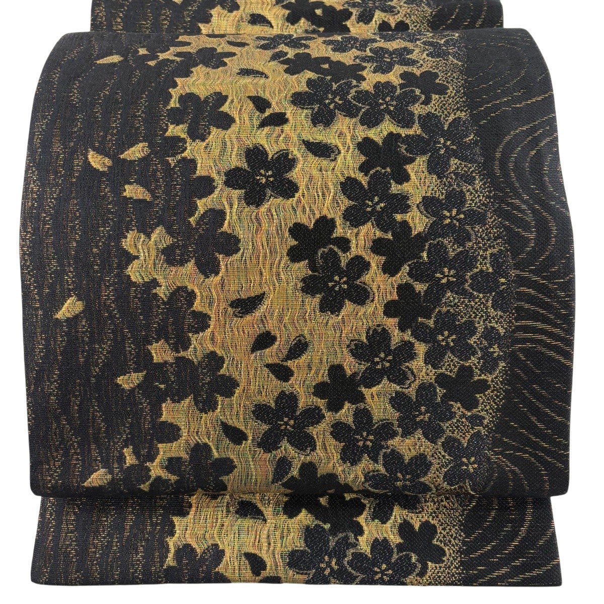 袋帯 名品 草野一騎 落款あり 草花 縞 金糸 箔 黒 六通 正絹｜中古