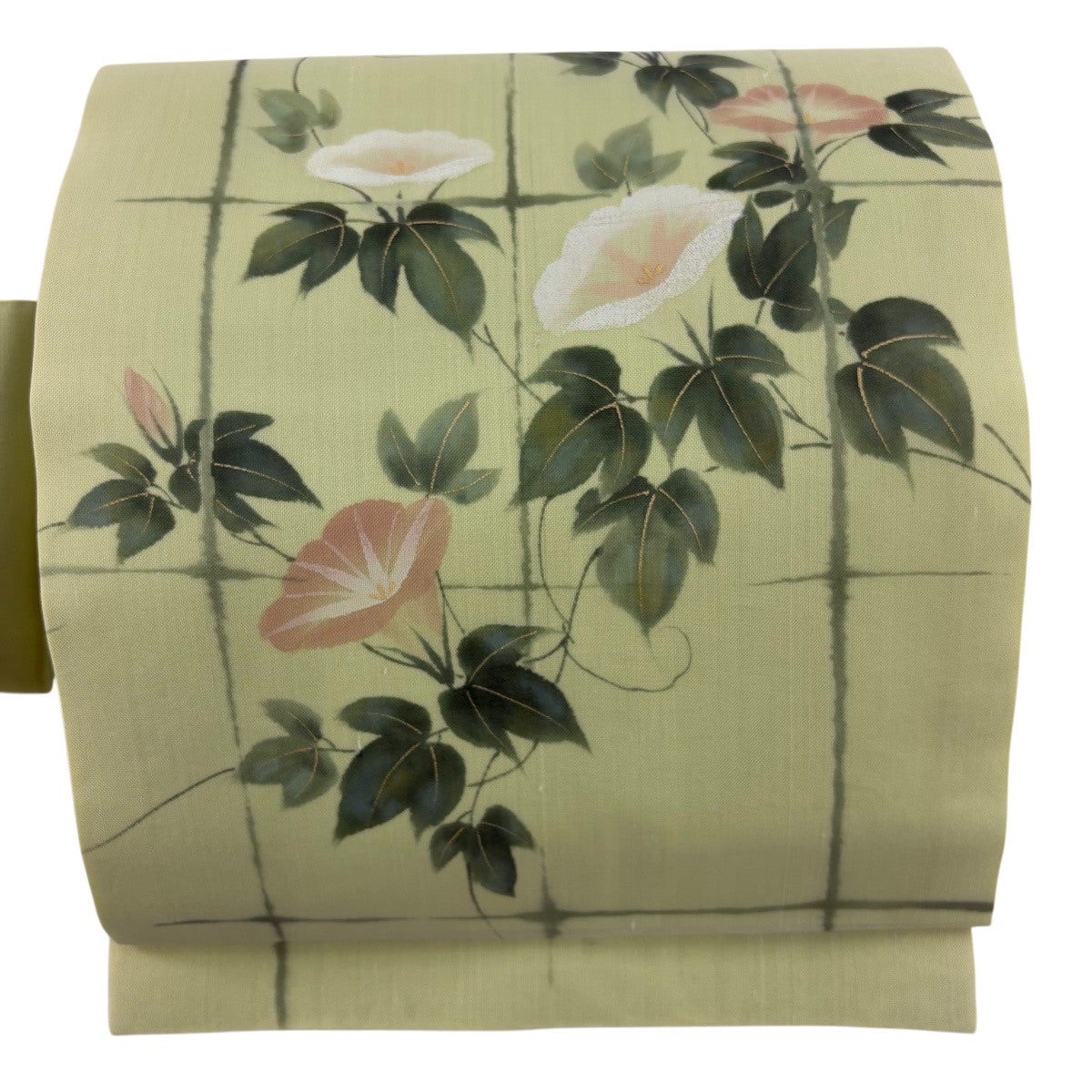 美品 正絹 角帯 平安風図 創作帯 古典の物語　優雅な装い　淡い黄緑 美品 正絹 角帯 平安風図 創作帯 古典の物語 優雅な装い 淡い黄緑
