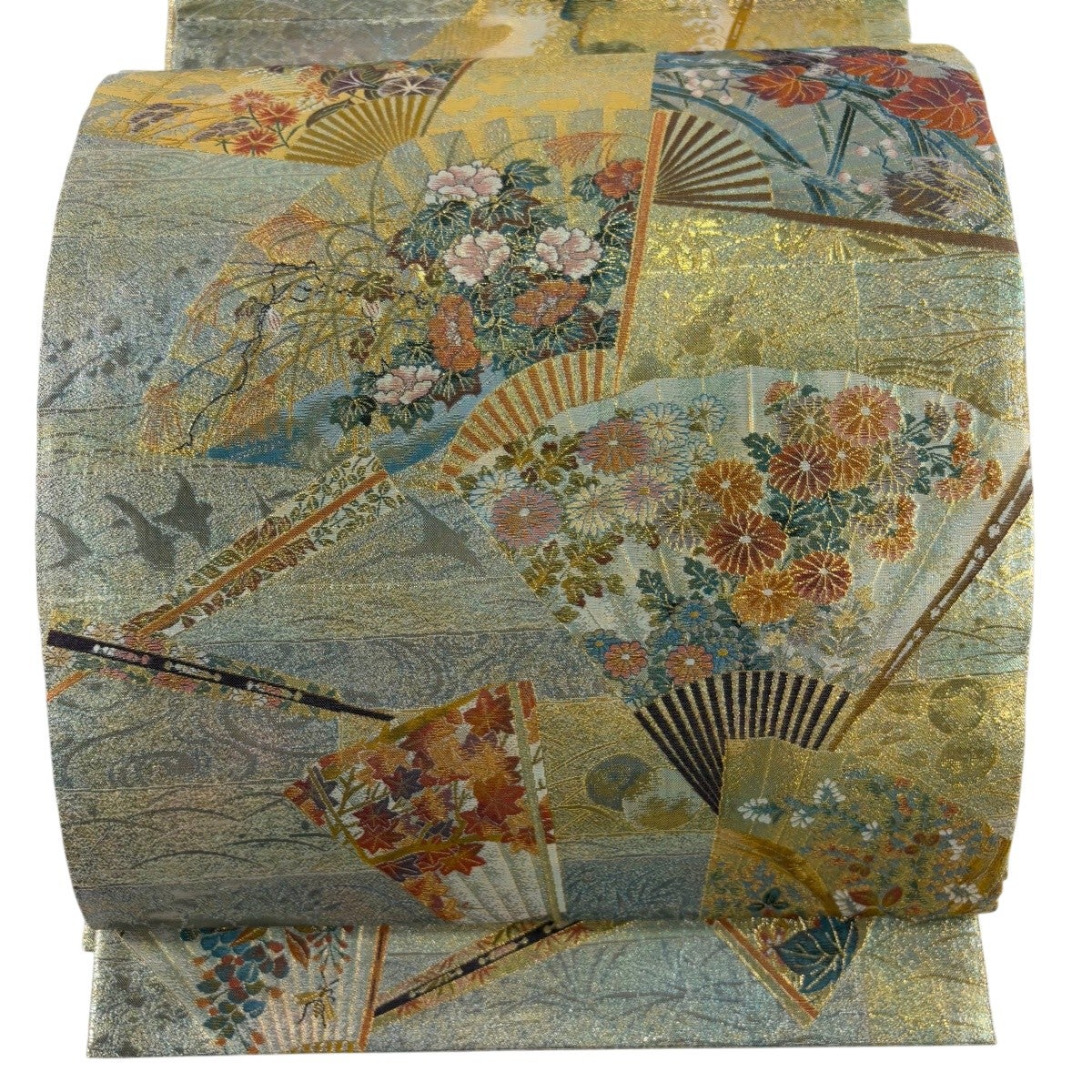 美品】 袋帯 名品 桃山扇面屏風文 金通し 箔 金色 六通 正絹｜中古