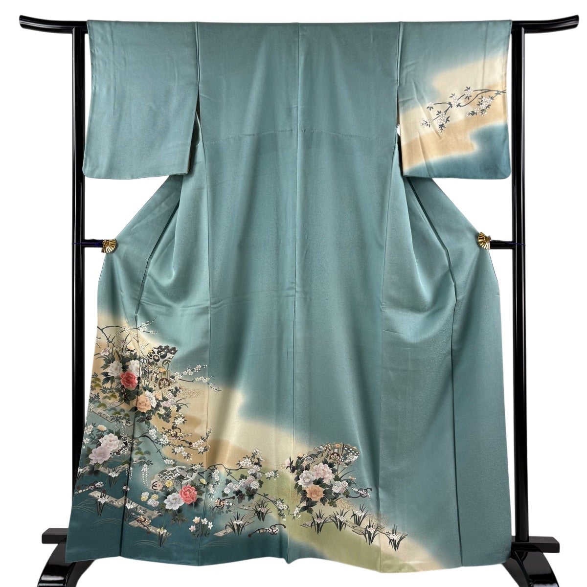 訪問着 身丈163cm 裄丈63.5cm S 袷 草花 鴛鴦 染め分け ぼかし 薄緑