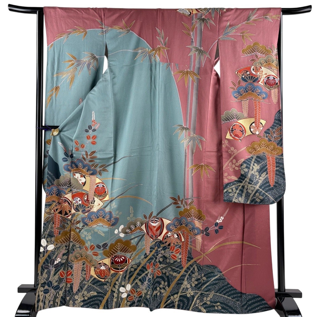 【美品】振袖　緑　正絹　金彩　牡丹　身丈161cm裄65.5cm 振袖 身丈153.5cm 裄丈64.5cm M 袷 扇 牡丹 金糸 金彩 赤茶 正絹 秀品
