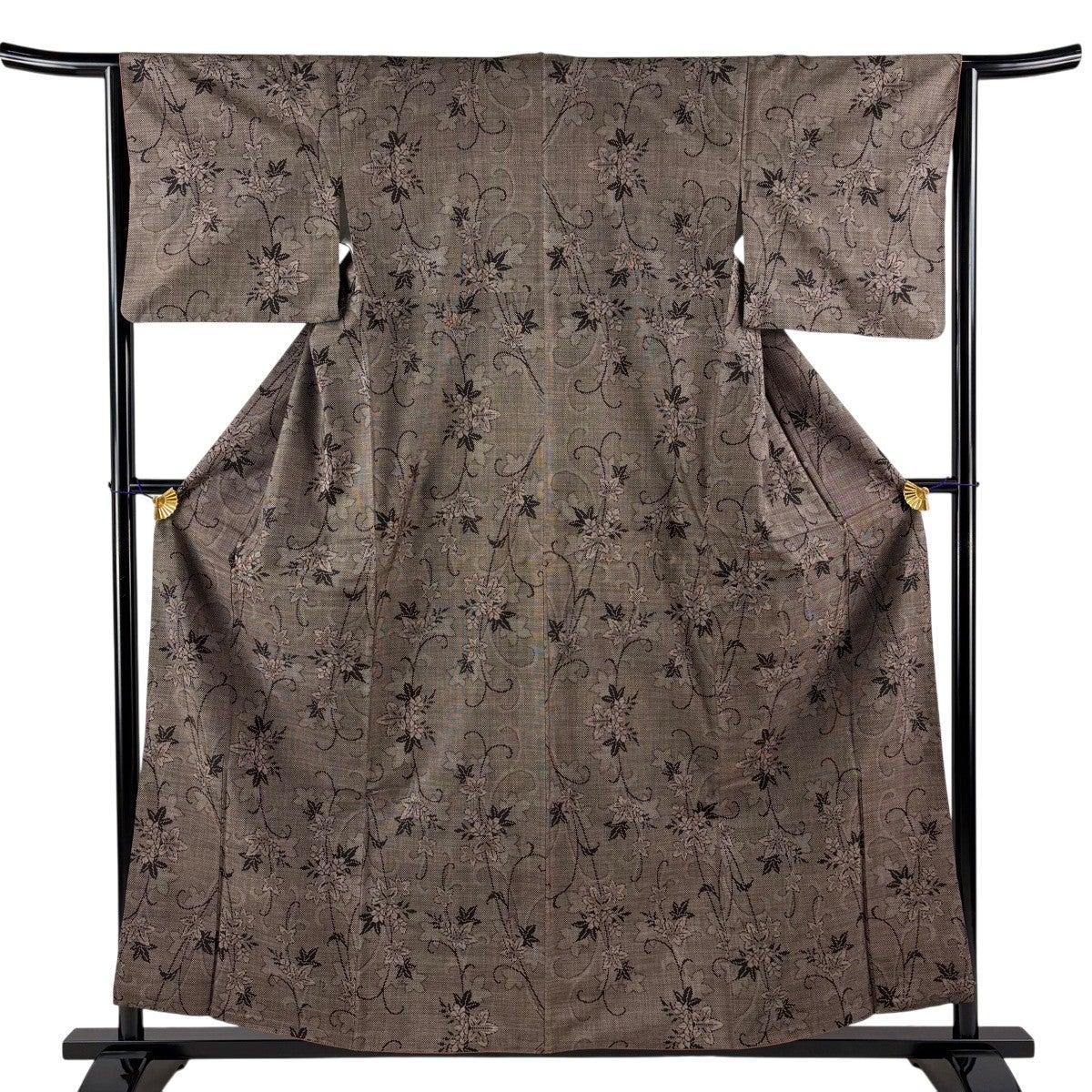 最終価格】 70%OFF 紬 身丈159.5cm 裄丈64.5cm M 袷 縦縞 花唐草 焦