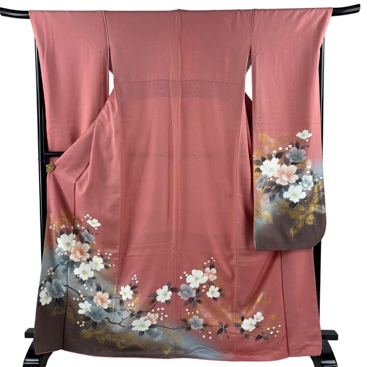 振袖 身丈170cm 裄丈68cm L 袷 花車 草花 金銀彩 金糸 黒 正絹 美