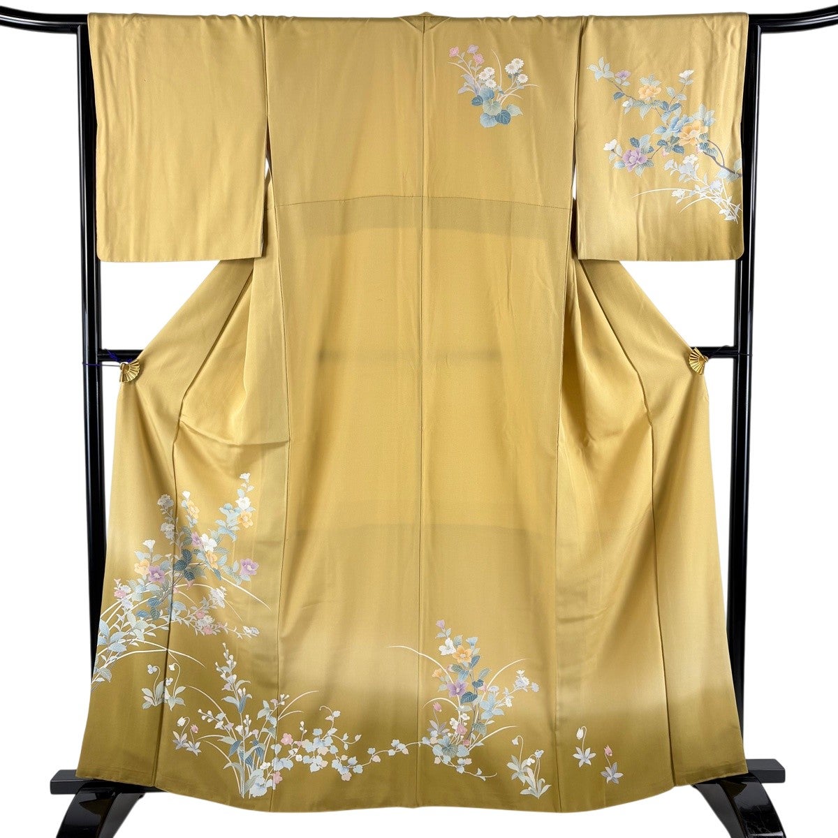 美品】 訪問着 身丈161.5cm 裄丈66cm M 袷 枝花 ぼかし 黄土色 正絹 秀