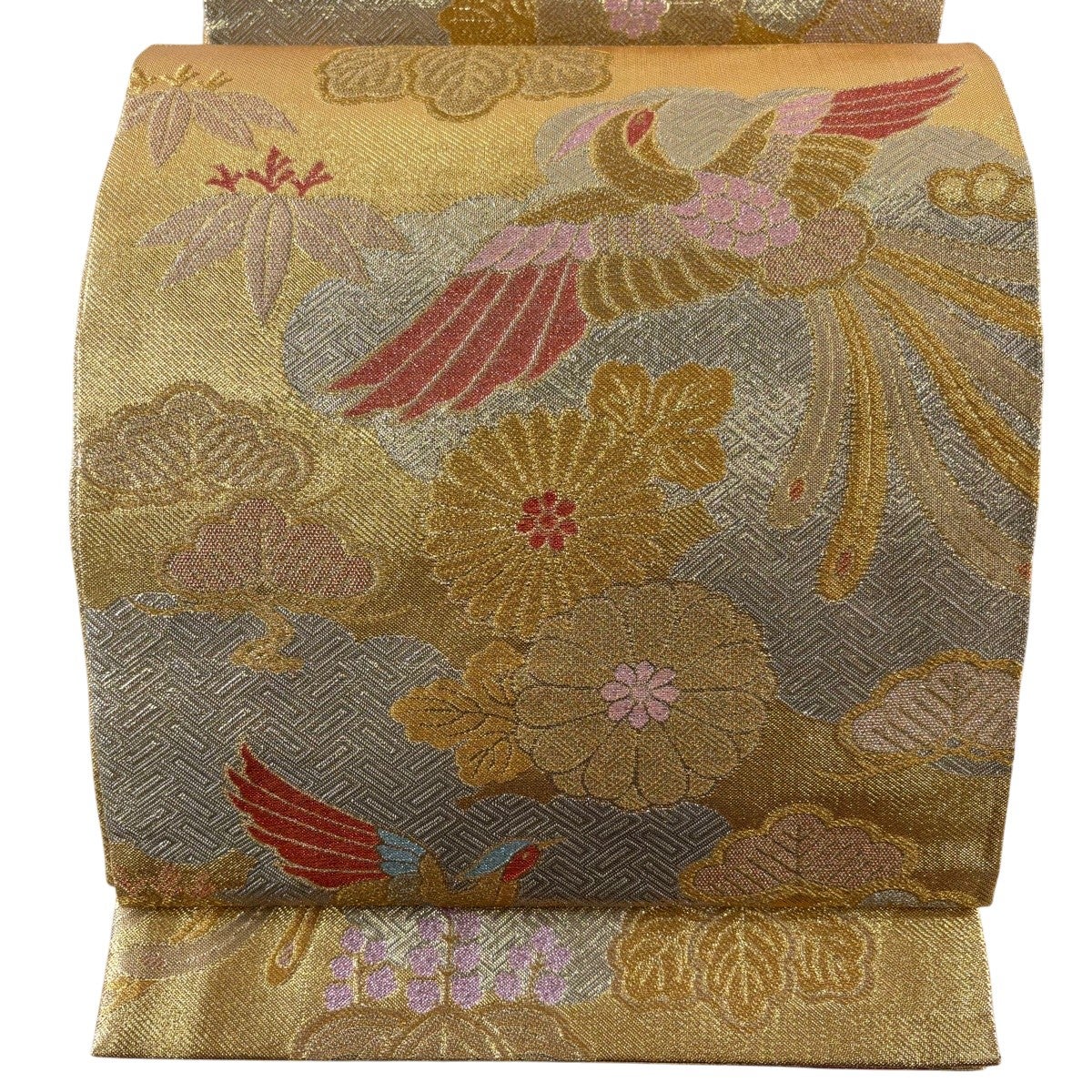 70%OFF 【美品】 袋帯 秀品 尾長鳥 菊 箔 金銀糸 黒 六通 正絹 K70