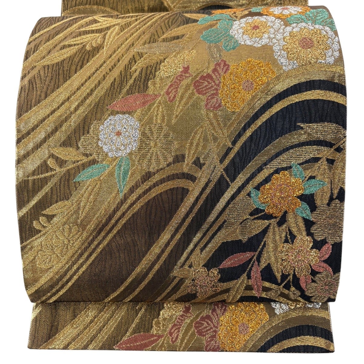 美品】 袋帯 秀品 乱菊 流水 箔 金糸 金色 六通 正絹｜中古・古着