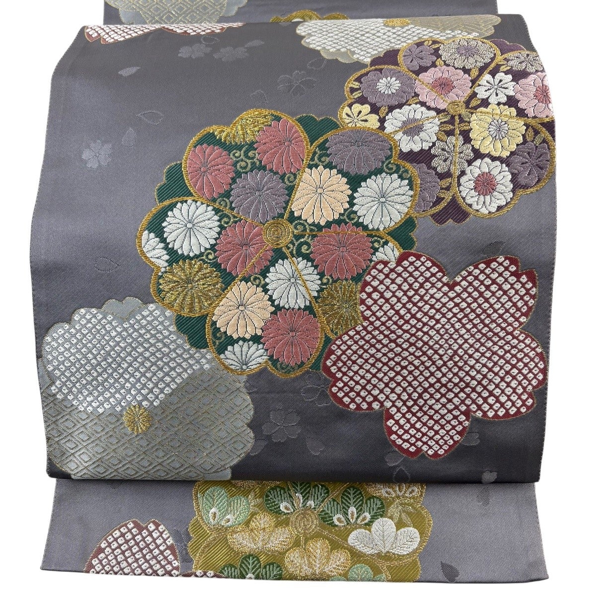 袋帯 秀品 落款あり 菊唐草 桜 金糸 刺繍 灰色 六通 正絹｜中古・古着