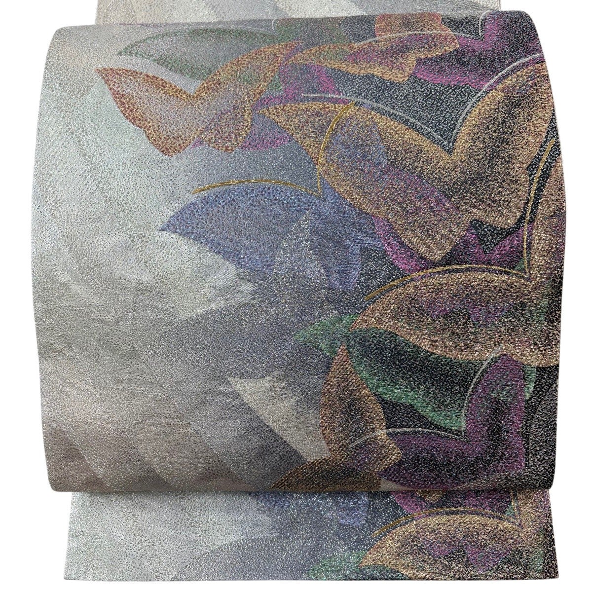 美品】 袋帯 秀品 蝶 斜縞 銀糸 箔 薄ピンク 六通 正絹｜中古・古着
