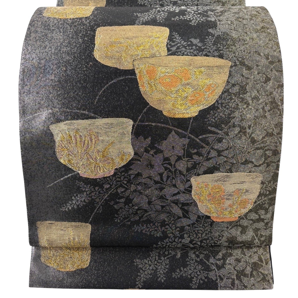 美品】 袋帯 逸品 じゅらく 落款あり 茶碗 草花 金銀糸 箔 黒 六通