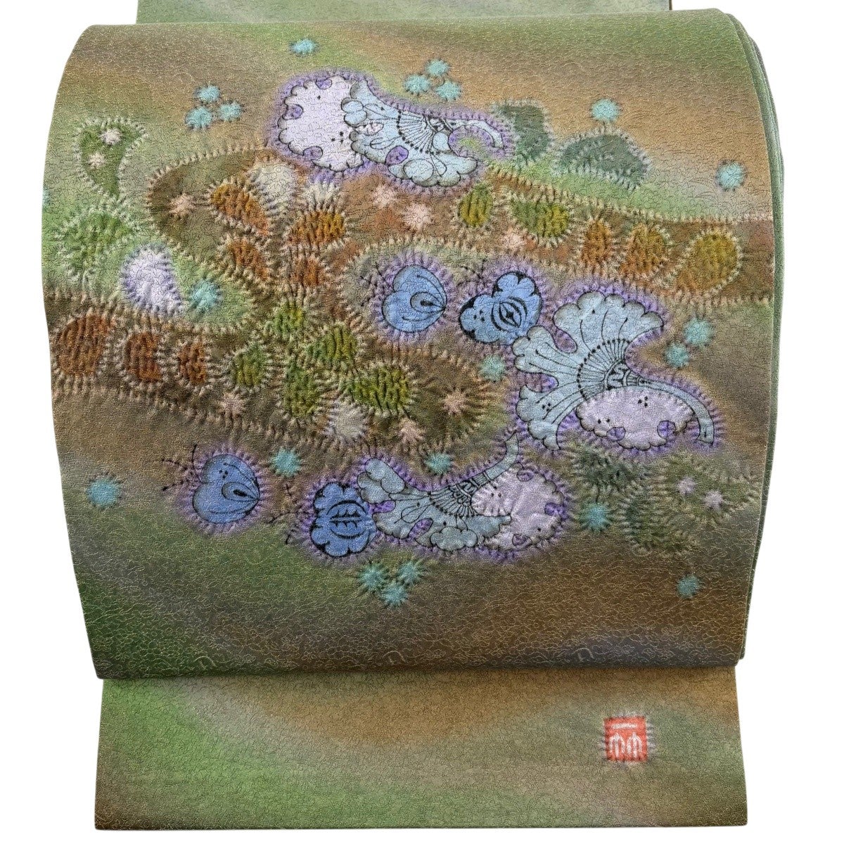 逸品 袋帯 辻ヶ花 金通 金彩 正絹 落款 帯 名品 美品】 袋帯 逸品 久保田一竹工房 落款あり 辻が花 金通し 薄緑 お太鼓